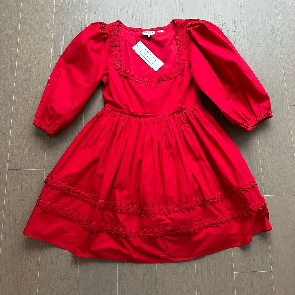Rhode Daya smocked red POPPY poplin cotton mini dress poppy puff sleeve 6